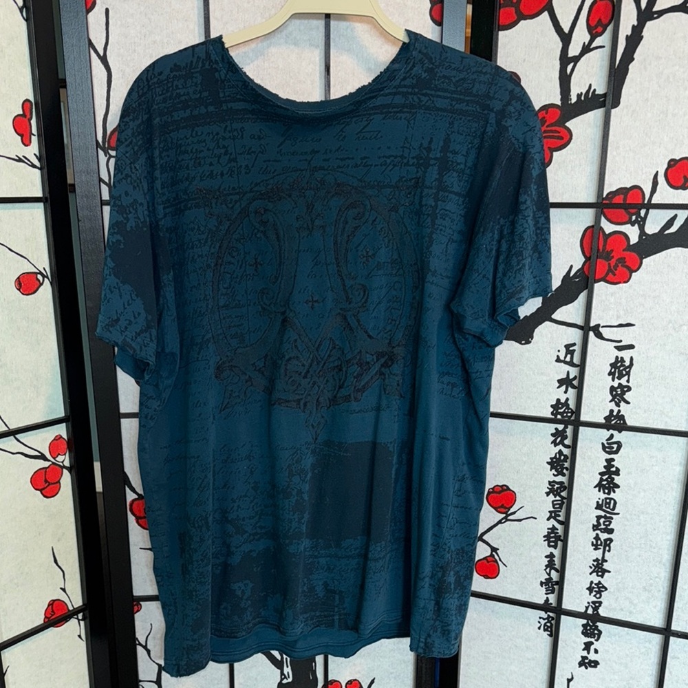Affliction Large Dark Teal Felted Velvet Angel Wings Authentic Graphic T Shirt
